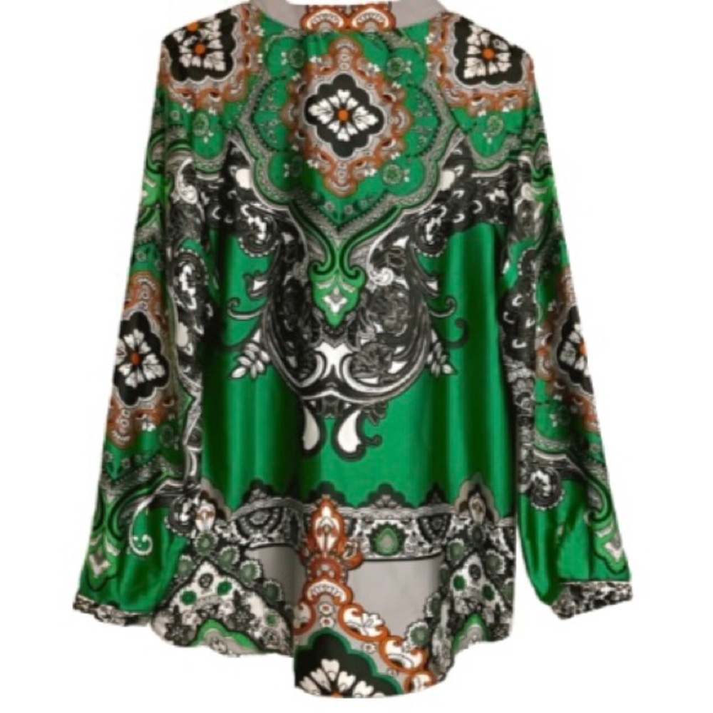 Chico’s Women’s Paisley Peasant Green/Black/Gray Top Size 8/10 High Collar - Picture 3 of 6